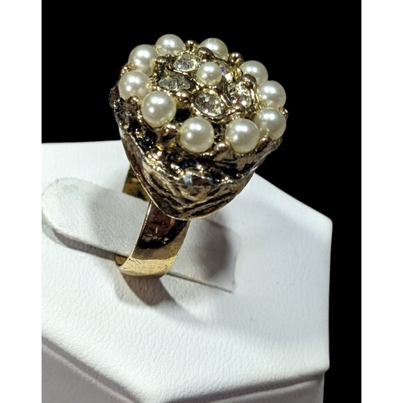 Vintage Glam Gold Tone Rhinestone Seed Pearl Adjustable Ring Size 6 - Picture 2 of 9
